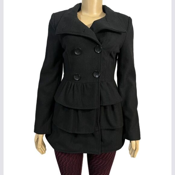 2B by Bebe Long Sleeve Tiered Coat Peacoat with Ruffles Black Small NWT - Picture 9 of 10